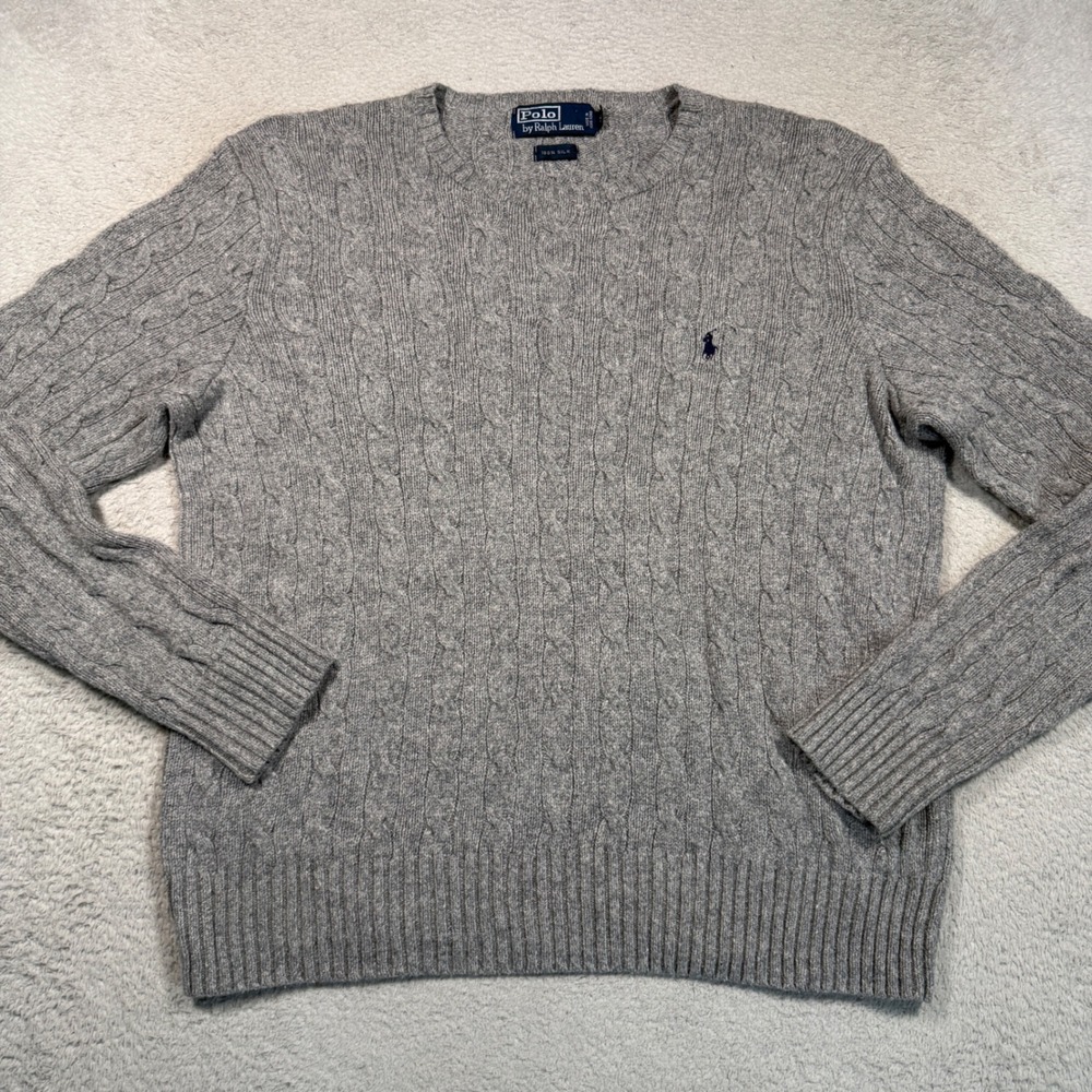 Vintage Polo Ralph Lauren Sweater Mens M Grey 100% Silk Cable Knit Pony Logo